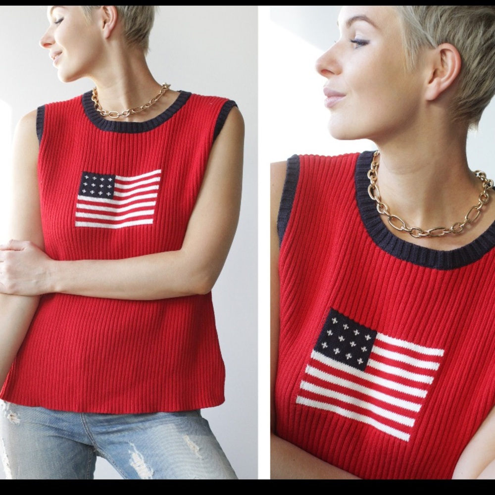 New/vintage bright red US flag pattern cotton rib knit sleeveless sweater..
